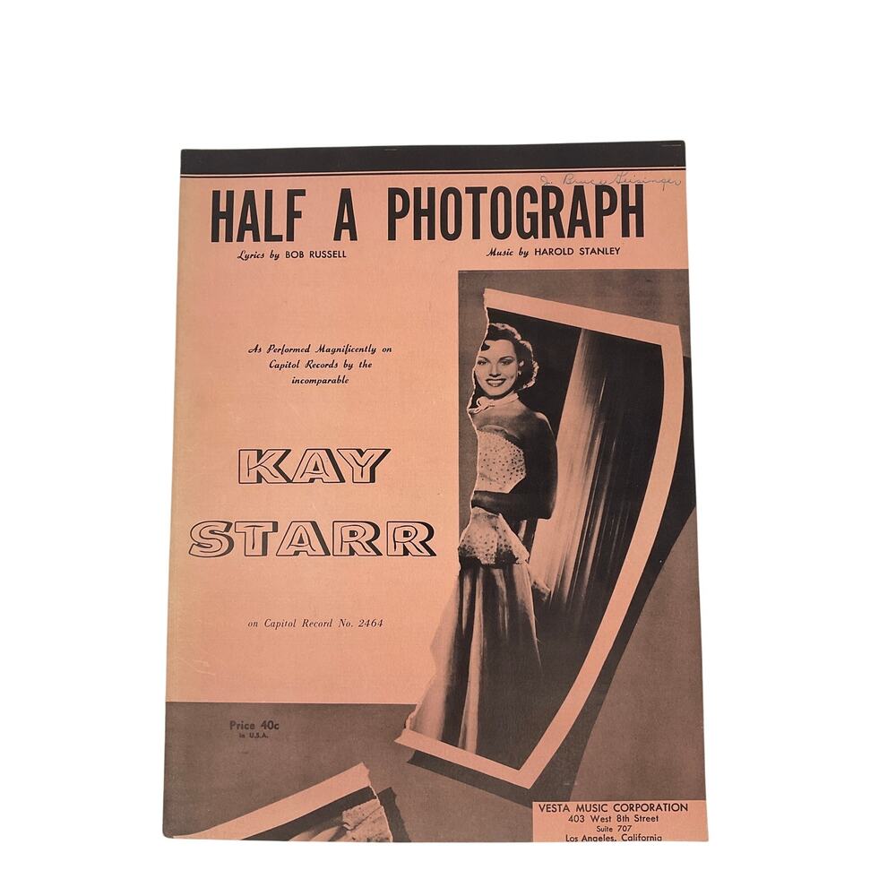 Half A Photograph Sheet‎ Music Kay Starr Bob Russell Harold Stanley